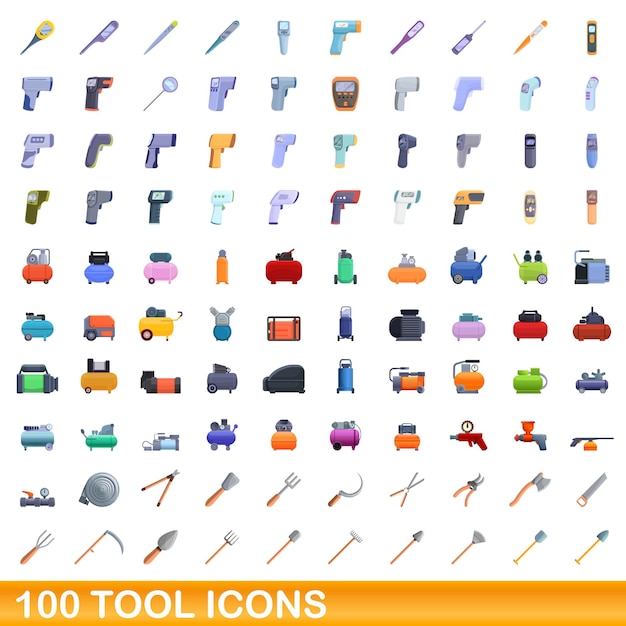 100 iconos de herramientas establecidos. Ilustración de dibujos animados de 100 iconos de herramientas conjunto de vectores aislado sobre fondo blanco
