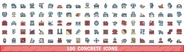 100 íconos de hormigón conjunto de estilo de línea de color