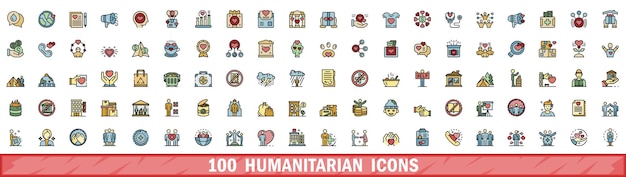 100 iconos humanitarios establecidos en el estilo de la línea de color