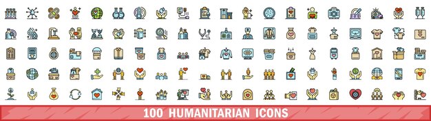 100 iconos humanitarios establecidos en el estilo de la línea de color