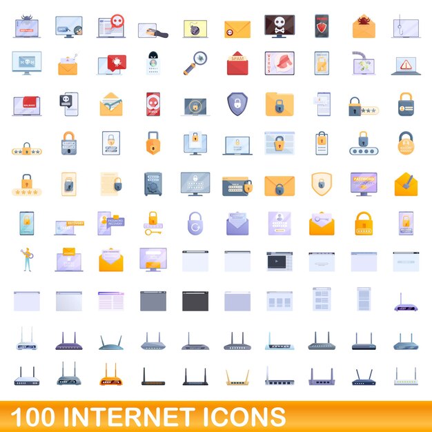 100 iconos de internet establecidos. Ilustración de dibujos animados de 100 iconos de internet vector conjunto aislado sobre fondo blanco