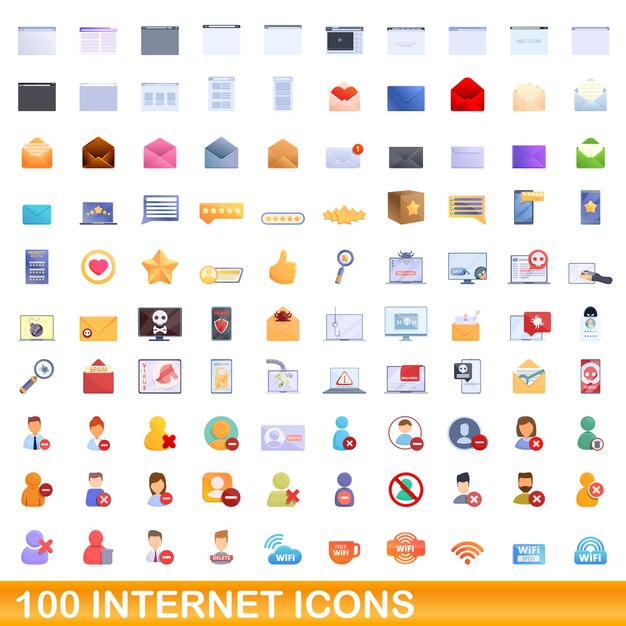 100 iconos de internet, estilo de dibujos animados