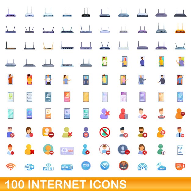 100 iconos de internet, estilo de dibujos animados