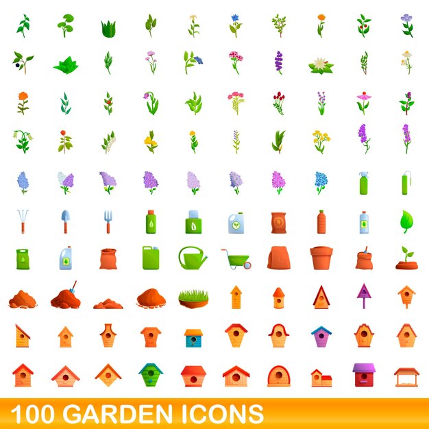 100 iconos de jardín establecidos. ilustración de dibujos animados de 100 iconos de jardín conjunto de vectores aislado sobre fondo blanco