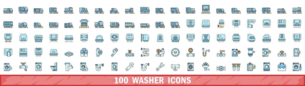 100 iconos de lavadoras establecidos en el estilo de la línea de color