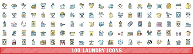 100 íconos de lavandería con estilo de línea de color