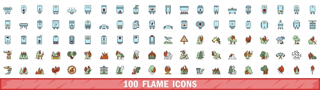100 iconos de llama conjunto de estilo de línea de color