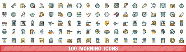 100 íconos de la mañana conjunto de estilo de línea de color