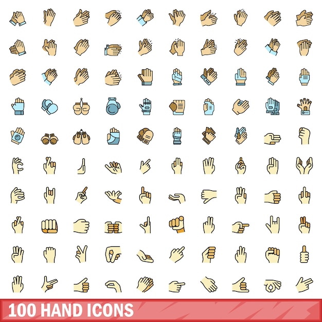 100 iconos de mano con estilo de línea de color