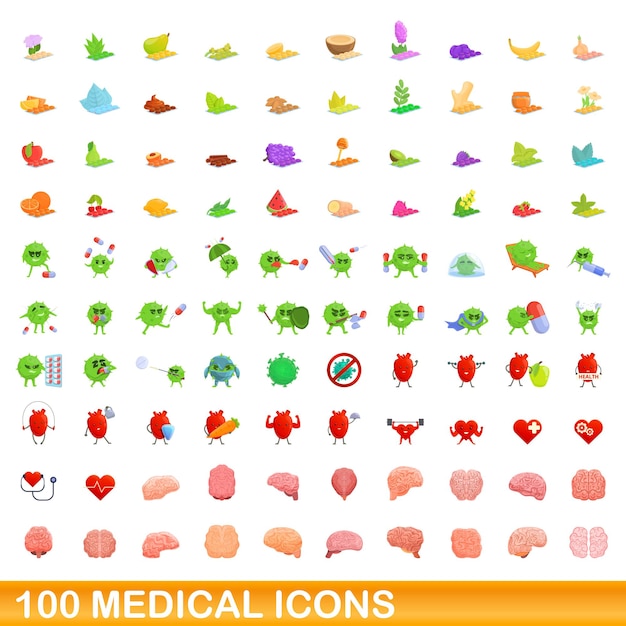 100 iconos médicos, estilo de dibujos animados