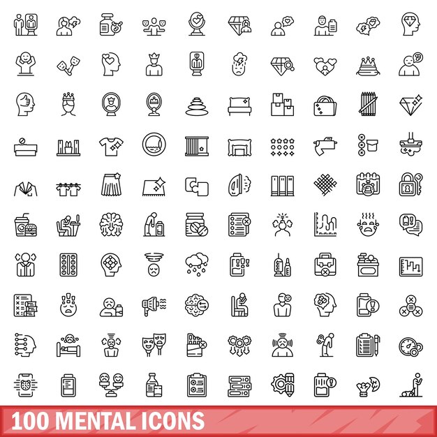 Vector 100 iconos mentales establecer estilo de contorno