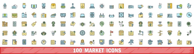 100 iconos de mercado con estilo de línea de color