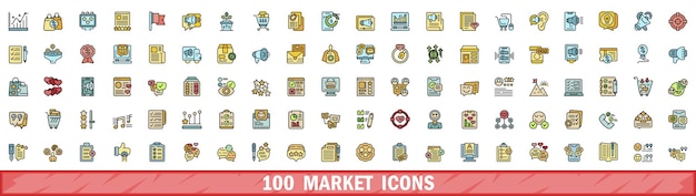 100 iconos de mercado con estilo de línea de color