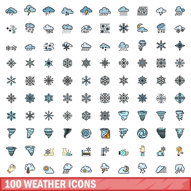 Vector 100 iconos meteorológicos con estilo de línea de color