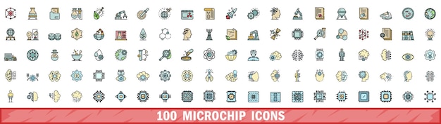 100 íconos de microchips con estilo de línea de color