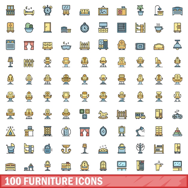 100 íconos de muebles con estilo de línea de color