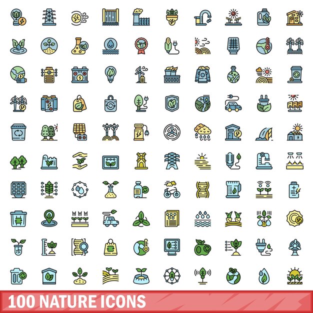 100 iconos de naturaleza establecidos Conjunto de líneas de color de iconos de vector de naturaleza color de línea delgada plana sobre blanco