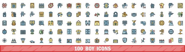 100 íconos de niño conjunto de estilo de línea de color