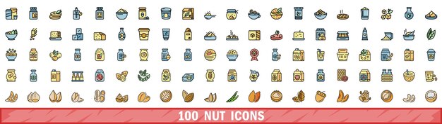 100 iconos de nueces con estilo de línea de color