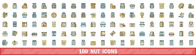 100 iconos de nueces con estilo de línea de color