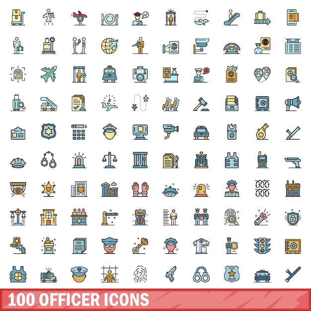 100 iconos de oficiales conjunto de líneas de color conjunto de iconos vectoriales de oficiales línea delgada color plano en blanco