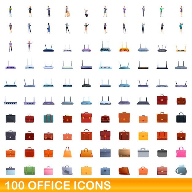 100 iconos de oficina establecidos. Ilustración de dibujos animados de 100 iconos de oficina conjunto de vectores aislado sobre fondo blanco