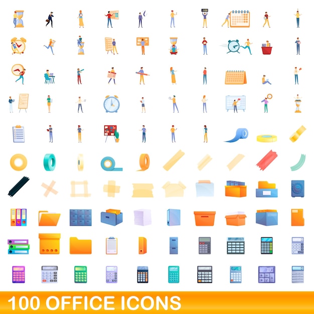 Vector 100 iconos de oficina establecidos. ilustración de dibujos animados de 100 iconos de oficina conjunto de vectores aislado sobre fondo blanco