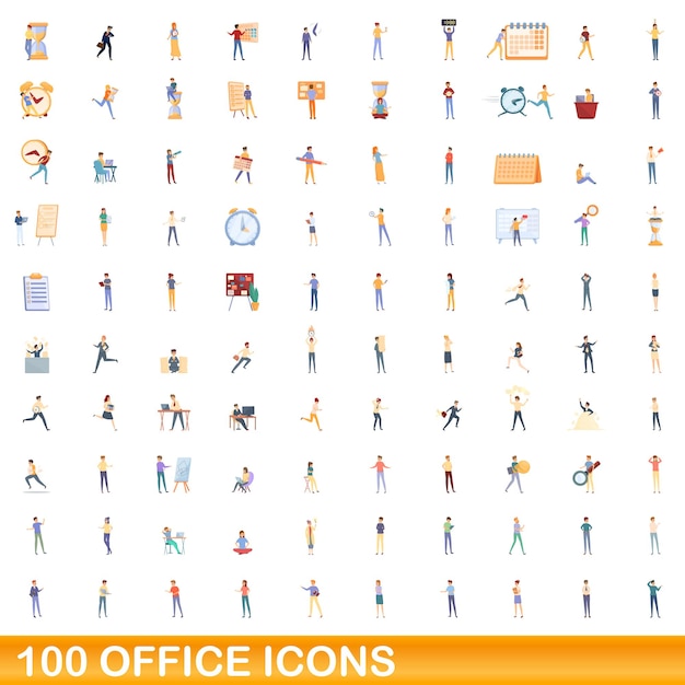 100 iconos de oficina establecidos. Ilustración de dibujos animados de 100 iconos de oficina conjunto de vectores aislado sobre fondo blanco