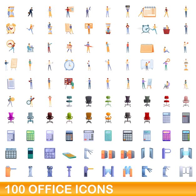 100 iconos de oficina, estilo de dibujos animados