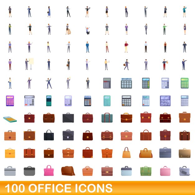 100 iconos de oficina, estilo de dibujos animados