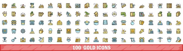100 íconos de oro conjunto de estilo de línea de color