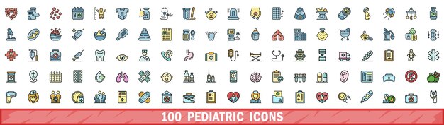 100 íconos pediátricos con estilo de línea de color