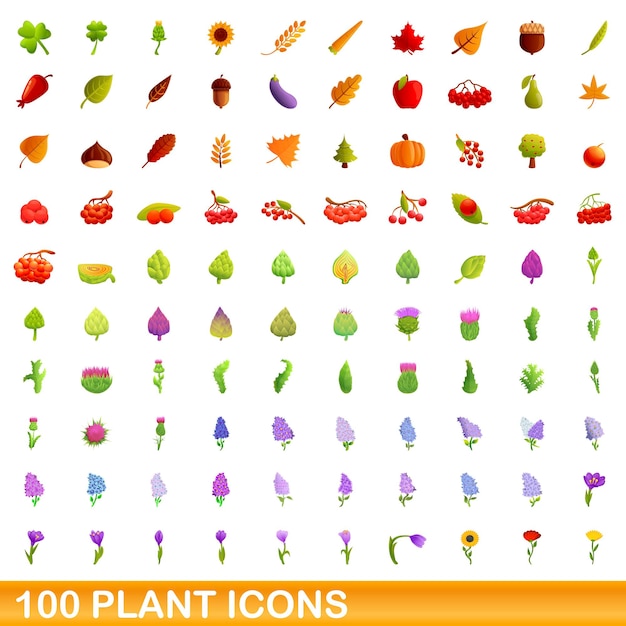 100 iconos de plantas, estilo de dibujos animados