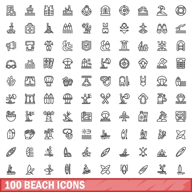 100 iconos de playa establecer estilo de contorno