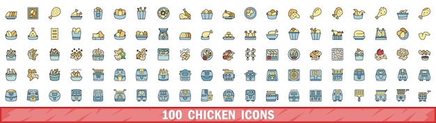 100 iconos de pollo con estilo de línea de color