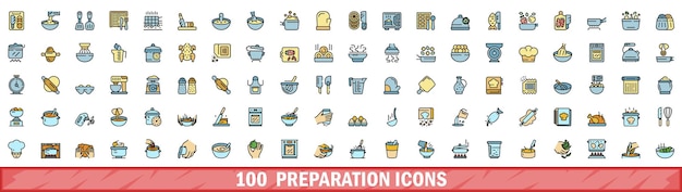 100 íconos de preparación establecidos estilo de línea de color