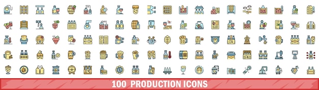 100 iconos de producción establecidos estilo de línea de color