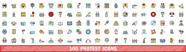 100 iconos de protesta con estilo de línea de color