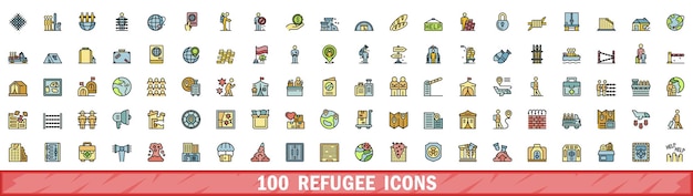 100 íconos de refugiados con estilo de línea de color