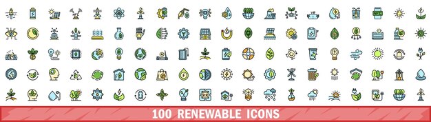 100 iconos renovables establecidos estilo de línea de color