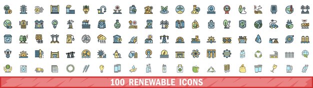 100 iconos renovables establecidos estilo de línea de color
