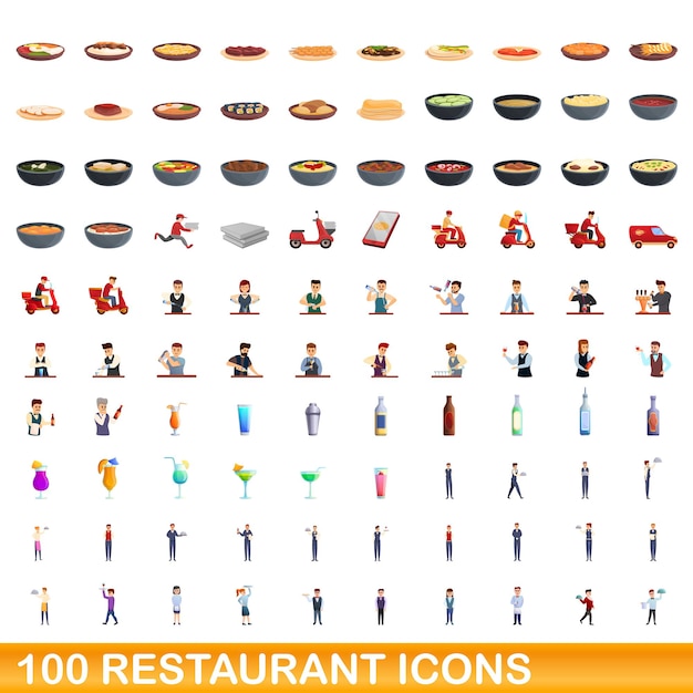 100 iconos de restaurante establecidos. ilustración de dibujos animados de 100 iconos de restaurante vector conjunto aislado sobre fondo blanco