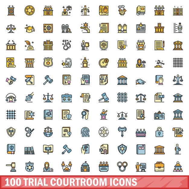 100 íconos de la sala de juicio con estilo de línea de color