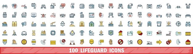 100 iconos de socorristas con estilo de línea de color