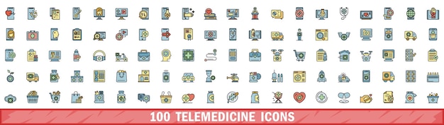 100 íconos de telemedicina con estilo de línea de color