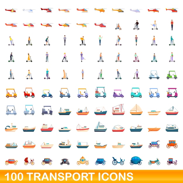 100 iconos de transporte establecidos. Ilustración de dibujos animados de 100 iconos de transporte vector conjunto aislado sobre fondo blanco