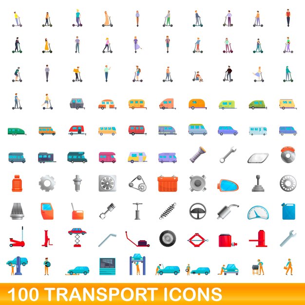 100 iconos de transporte establecidos. Ilustración de dibujos animados de 100 iconos de transporte vector conjunto aislado sobre fondo blanco