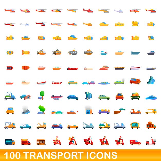 100 iconos de transporte establecidos. Ilustración de dibujos animados de 100 iconos de transporte vector conjunto aislado sobre fondo blanco
