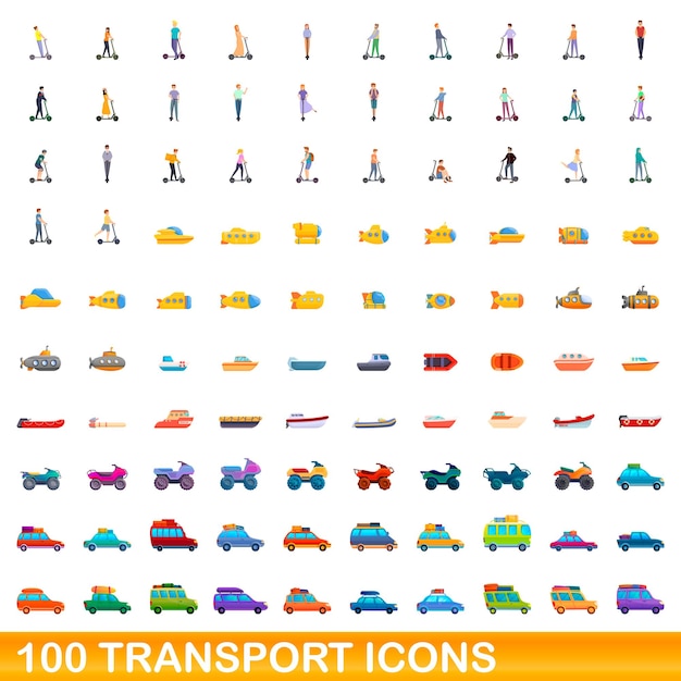 100 iconos de transporte establecidos. Ilustración de dibujos animados de 100 iconos de transporte vector conjunto aislado sobre fondo blanco