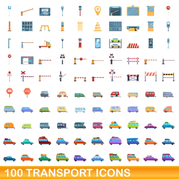 100 iconos de transporte establecidos. Ilustración de dibujos animados de 100 iconos de transporte vector conjunto aislado sobre fondo blanco